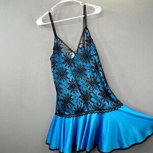 Vintage Texsheen Lingerie Nightie Chemise S USA Shiny Blue Black Floral Mesh